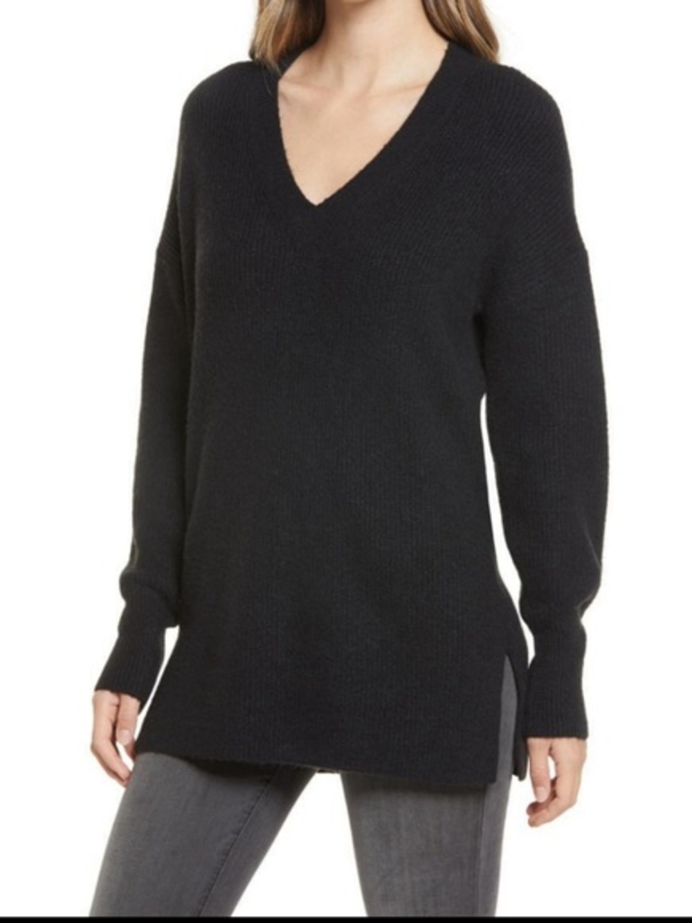 NWT Halogen Cozy Ribbed V-Neck Tunic Sweater Black Oversized XS Nordstrom